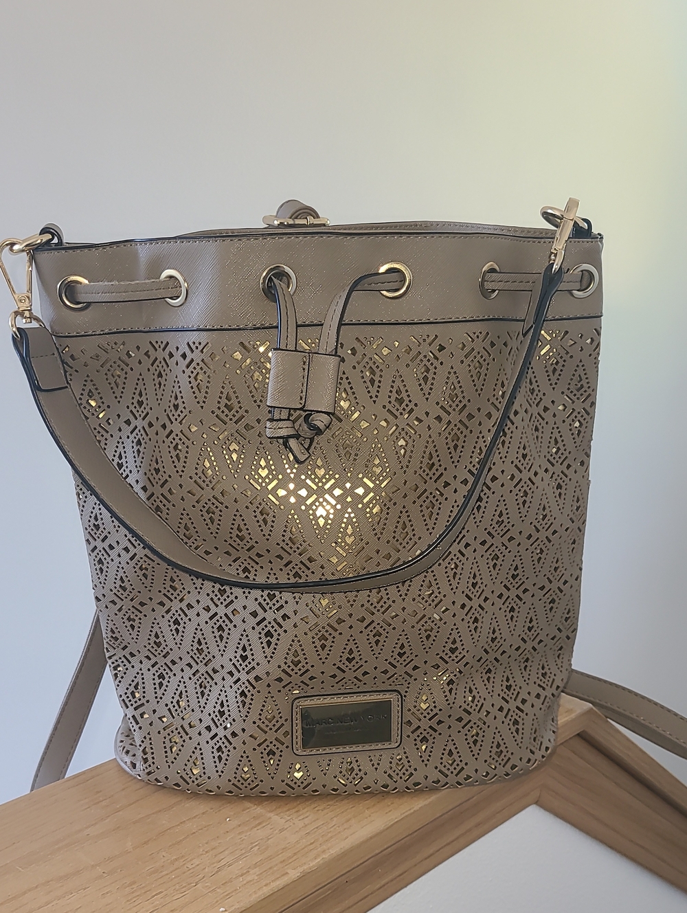 Marc New York Laser-Cut Taupe Bucket Shoulder Bag with Drawstring